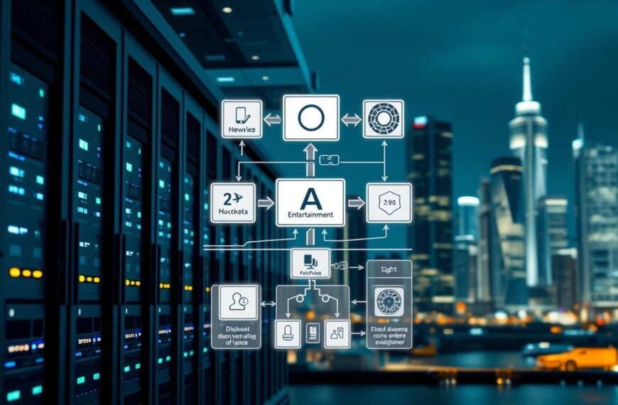 A detailed technical illustration of "3A Entertainment Load Balancing Architecture." In the foreground, multiple sleek servers are aligned in a high-tech data center, showing bright LED indicators. The middle layer features dynamic load balancing diagrams with intricate flowcharts, arrows, and data transfers symbolizing traffic management. The background showcases a futuristic cityscape at night with glowing skyscrapers, representing advanced technology. Use cool-toned lighting to create a professional and modern atmosphere, with a slight depth of field to emphasize the servers and diagrams. The image conveys efficiency and innovation, encapsulating the critical importance of load balancing for 3A Entertainment.