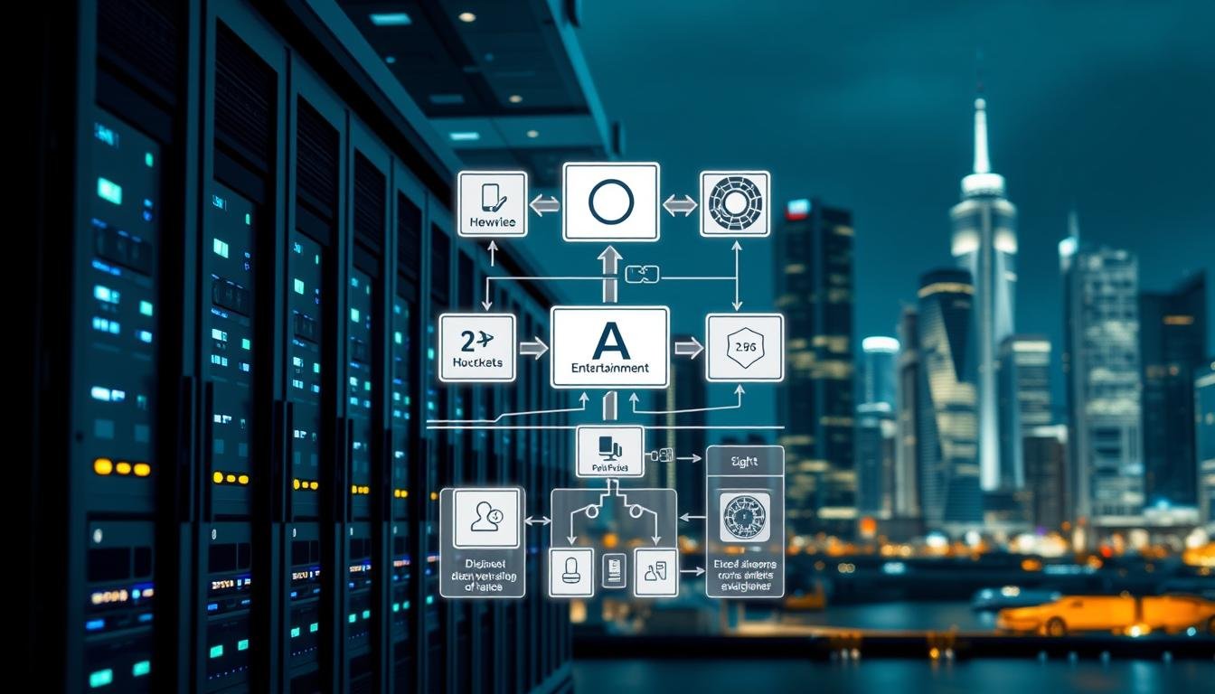 A detailed technical illustration of "3A Entertainment Load Balancing Architecture." In the foreground, multiple sleek servers are aligned in a high-tech data center, showing bright LED indicators. The middle layer features dynamic load balancing diagrams with intricate flowcharts, arrows, and data transfers symbolizing traffic management. The background showcases a futuristic cityscape at night with glowing skyscrapers, representing advanced technology. Use cool-toned lighting to create a professional and modern atmosphere, with a slight depth of field to emphasize the servers and diagrams. The image conveys efficiency and innovation, encapsulating the critical importance of load balancing for 3A Entertainment.