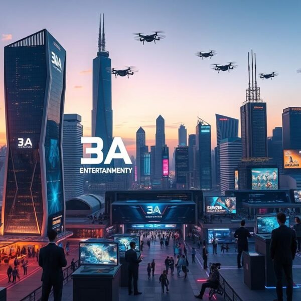 A futuristic cityscape representing "3A Entertainment City" as the central focus, showcasing advanced technology and innovation in digital entertainment. In the foreground, sleek, modern buildings with holographic displays and interactive interfaces. In the middle ground, a bustling virtual marketplace featuring diverse, professional figures in business attire engaging with advanced gaming systems. The background offers a skyline with soaring towers and flying drones under a twilight sky, accentuated by vibrant neon accents and digital billboards. The atmosphere is energetic and forward-looking, illuminated by soft ambient lights and vivid colors to convey excitement and progress. Capture the scene from a slightly elevated angle to emphasize the city's depth and scale.