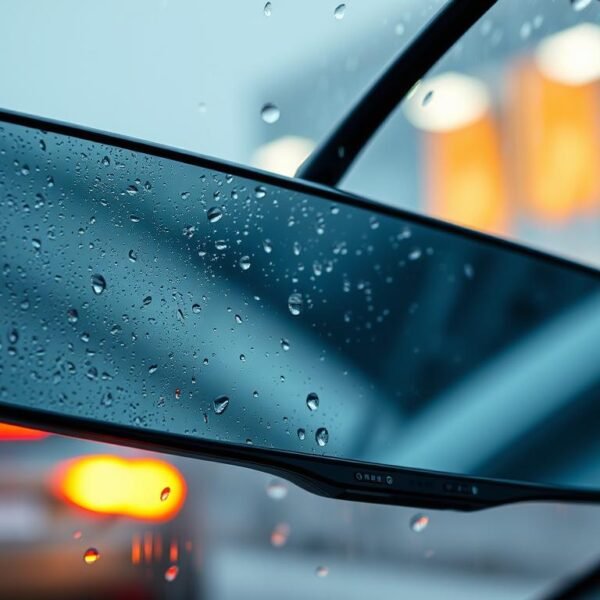 A close-up view of an advanced electronic rearview mirror showcasing its hydrophobic and anti-fog coating technology. The foreground features the reflective surface of the mirror, glistening with water droplets, with intricate details of the coating texture visible. In the middle ground, the sleek design of the mirror housing is highlighted, combining modern aesthetics and functionality. The background should depict a rainy outdoor setting, with blurred car lights and raindrops creating a dynamic effect. Soft, diffused lighting enhances the clarity of the mirror's image, emphasizing its effectiveness in maintaining visibility. The overall mood is one of innovation and reliability, illustrating how this technology ensures clear screen images during heavy rain. The angle should be slightly tilted upward to draw attention to the mirror's features.