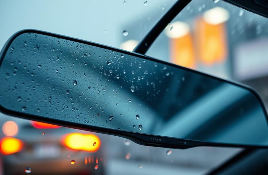 A close-up view of an advanced electronic rearview mirror showcasing its hydrophobic and anti-fog coating technology. The foreground features the reflective surface of the mirror, glistening with water droplets, with intricate details of the coating texture visible. In the middle ground, the sleek design of the mirror housing is highlighted, combining modern aesthetics and functionality. The background should depict a rainy outdoor setting, with blurred car lights and raindrops creating a dynamic effect. Soft, diffused lighting enhances the clarity of the mirror's image, emphasizing its effectiveness in maintaining visibility. The overall mood is one of innovation and reliability, illustrating how this technology ensures clear screen images during heavy rain. The angle should be slightly tilted upward to draw attention to the mirror's features.