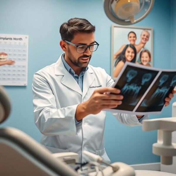 A dental professional, dressed in a crisp white lab coat and safety glasses, is carefully examining a patient's dental X-rays in a well-lit clinic. In the foreground, a dental chair with a modern dental setup is visible, equipped with various tools and equipment for implant procedures. In the middle ground, dental charts and brochures about implants are neatly arranged, while a wall calendar showing a dental health awareness month adds context. The background features a soothing blue wall with framed images of smiling patients who have successfully undergone dental implant surgery, creating an atmosphere of hope and professionalism. Soft, diffused lighting enhances the clean and organized space, emphasizing the importance of early intervention in dental health. The overall mood reflects a sense of urgency and professionalism, highlighting the significance of considering dental implants.