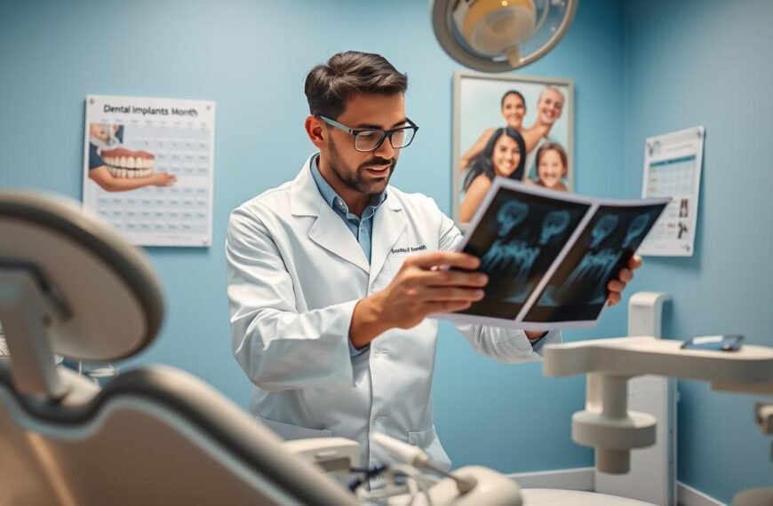 A dental professional, dressed in a crisp white lab coat and safety glasses, is carefully examining a patient's dental X-rays in a well-lit clinic. In the foreground, a dental chair with a modern dental setup is visible, equipped with various tools and equipment for implant procedures. In the middle ground, dental charts and brochures about implants are neatly arranged, while a wall calendar showing a dental health awareness month adds context. The background features a soothing blue wall with framed images of smiling patients who have successfully undergone dental implant surgery, creating an atmosphere of hope and professionalism. Soft, diffused lighting enhances the clean and organized space, emphasizing the importance of early intervention in dental health. The overall mood reflects a sense of urgency and professionalism, highlighting the significance of considering dental implants.