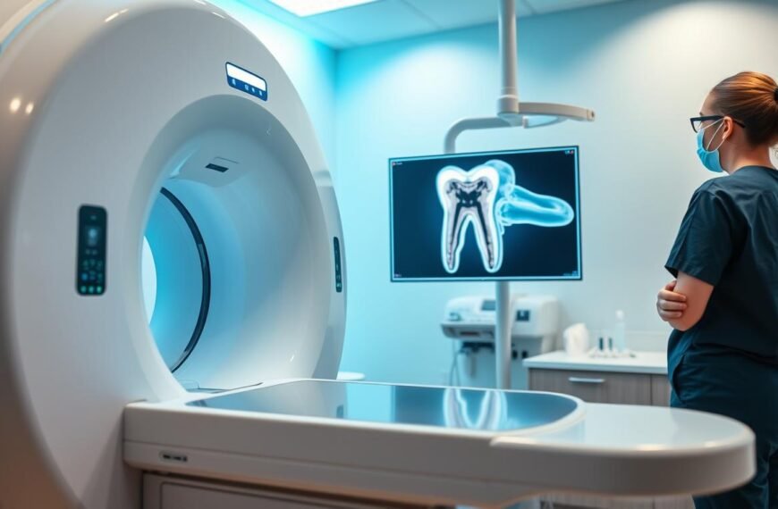 A detailed 3D dental imaging scene showcasing a CBCT scanner in a modern dental clinic. In the foreground, there’s a high-resolution CBCT machine, designed with sleek lines and a polished surface, emitting soft blue and white ambient light. The middle ground features a dental technician, dressed in professional scrubs, analyzing a digital screen displaying a clear, intricate 3D model of a wisdom tooth and its proximity to the mandibular nerve. The background reveals a contemporary, well-lit dental environment with dental tools and equipment organized neatly on a countertop. The atmosphere is calm and professional, representing a state-of-the-art approach to dental care. The angle captures both the technician and the 3D imaging, highlighting the technology's importance in surgical planning.