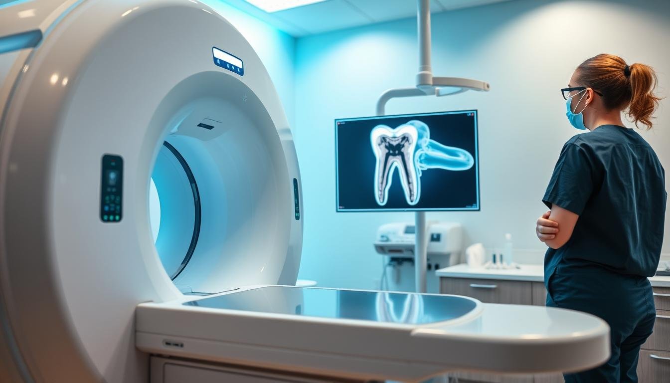A detailed 3D dental imaging scene showcasing a CBCT scanner in a modern dental clinic. In the foreground, there’s a high-resolution CBCT machine, designed with sleek lines and a polished surface, emitting soft blue and white ambient light. The middle ground features a dental technician, dressed in professional scrubs, analyzing a digital screen displaying a clear, intricate 3D model of a wisdom tooth and its proximity to the mandibular nerve. The background reveals a contemporary, well-lit dental environment with dental tools and equipment organized neatly on a countertop. The atmosphere is calm and professional, representing a state-of-the-art approach to dental care. The angle captures both the technician and the 3D imaging, highlighting the technology's importance in surgical planning.