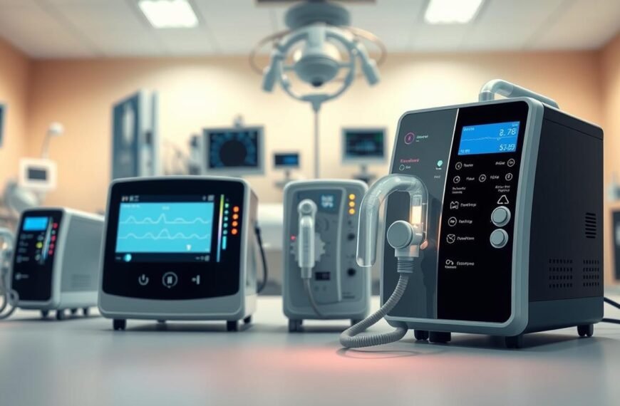 A detailed illustration comparing different modes of sleep ventilators, showcasing a sleek, modern sleep apnea machine in the foreground, with its various settings and indicators illuminated. In the middle ground, display multiple ventilator models side by side, highlighting their features such as pressure settings and airflow patterns, surrounded by soft, ambient lighting that conveys a calm atmosphere. In the background, a blurred hospital room setting, equipped with medical equipment and monitors, emphasizing a professional and sterile environment. The angle should be slightly top-down to provide a comprehensive view of the machines while ensuring a clear focus on their unique features and appearances. The overall mood should be informative and clinical, suitable for a medical article.
