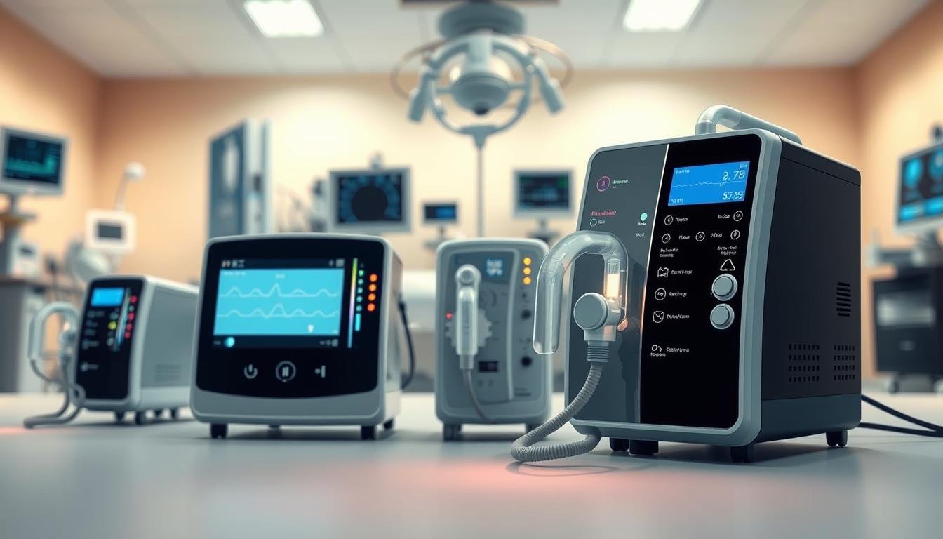 A detailed illustration comparing different modes of sleep ventilators, showcasing a sleek, modern sleep apnea machine in the foreground, with its various settings and indicators illuminated. In the middle ground, display multiple ventilator models side by side, highlighting their features such as pressure settings and airflow patterns, surrounded by soft, ambient lighting that conveys a calm atmosphere. In the background, a blurred hospital room setting, equipped with medical equipment and monitors, emphasizing a professional and sterile environment. The angle should be slightly top-down to provide a comprehensive view of the machines while ensuring a clear focus on their unique features and appearances. The overall mood should be informative and clinical, suitable for a medical article.