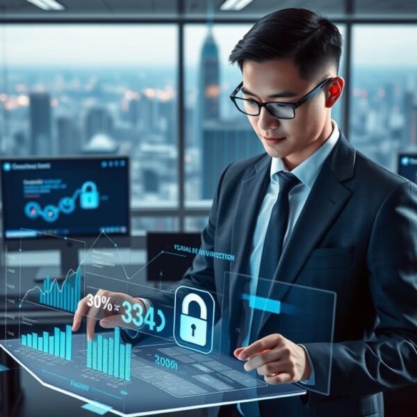 A high-tech, visually engaging digital scene showcasing the application of 3A security in Taiwan's digital platforms. In the foreground, a professional-looking businessperson in smart attire interacts with a futuristic touchscreen device, surrounded by holographic graphs and data visuals highlighting security metrics. The middle ground features a sleek, modern office environment with computer screens displaying various online platforms, each with an emphasis on security features. The background is a bustling city skyline, symbolizing Taiwan's vibrant tech landscape. Soft, ambient lighting illuminates the scene, creating a sense of innovation and trust, while a slight depth of field effect adds focus to the foreground elements. The overall mood conveys professionalism and advancement in cyber security technology.