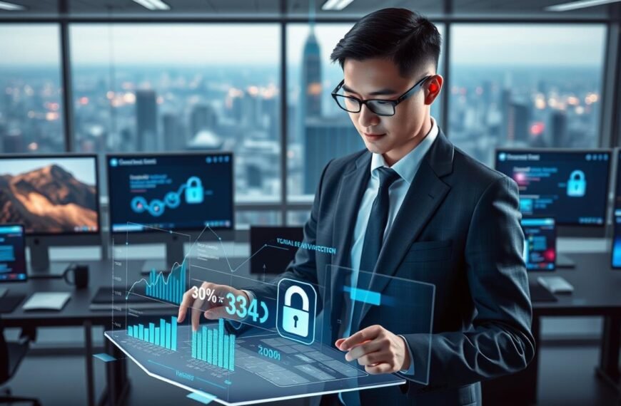 A high-tech, visually engaging digital scene showcasing the application of 3A security in Taiwan's digital platforms. In the foreground, a professional-looking businessperson in smart attire interacts with a futuristic touchscreen device, surrounded by holographic graphs and data visuals highlighting security metrics. The middle ground features a sleek, modern office environment with computer screens displaying various online platforms, each with an emphasis on security features. The background is a bustling city skyline, symbolizing Taiwan's vibrant tech landscape. Soft, ambient lighting illuminates the scene, creating a sense of innovation and trust, while a slight depth of field effect adds focus to the foreground elements. The overall mood conveys professionalism and advancement in cyber security technology.