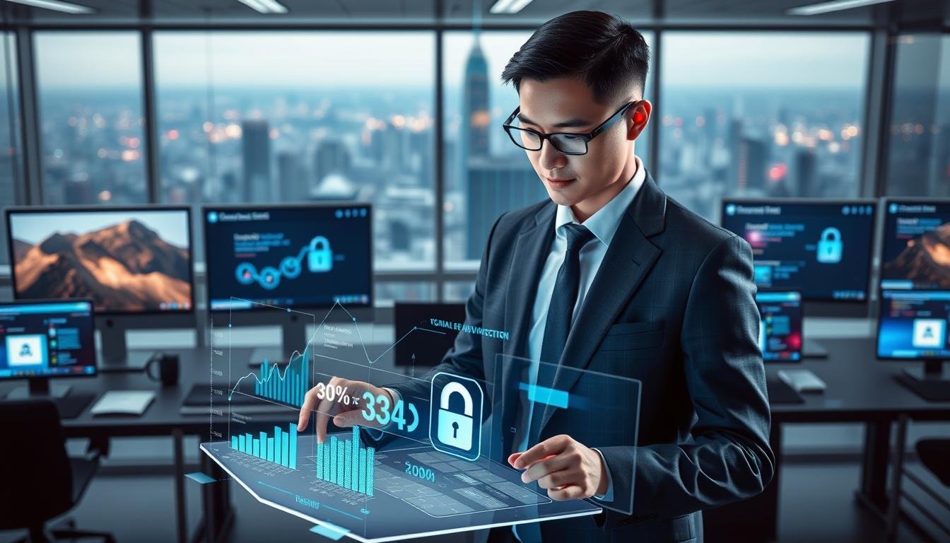 A high-tech, visually engaging digital scene showcasing the application of 3A security in Taiwan's digital platforms. In the foreground, a professional-looking businessperson in smart attire interacts with a futuristic touchscreen device, surrounded by holographic graphs and data visuals highlighting security metrics. The middle ground features a sleek, modern office environment with computer screens displaying various online platforms, each with an emphasis on security features. The background is a bustling city skyline, symbolizing Taiwan's vibrant tech landscape. Soft, ambient lighting illuminates the scene, creating a sense of innovation and trust, while a slight depth of field effect adds focus to the foreground elements. The overall mood conveys professionalism and advancement in cyber security technology.