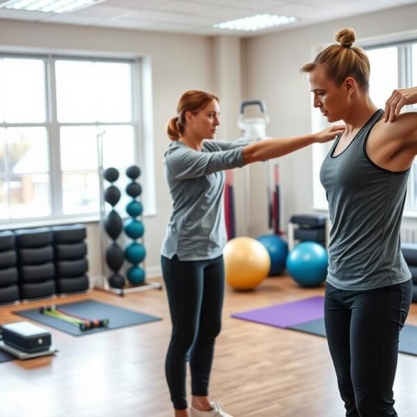 A well-lit physical therapy room featuring a focused therapist guiding a patient through rehabilitation exercises targeting chronic shoulder pain. In the foreground, the therapist, dressed in professional athletic wear, demonstrates a shoulder stretching technique, emphasizing correct posture. The patient, wearing modest casual clothing, follows the instructions with a determined expression. In the middle, various rehabilitation equipment like resistance bands, exercise balls, and mats are neatly organized, highlighting a structured environment for progressive recovery. The background features large windows allowing natural light to flood the space, creating a warm and inviting atmosphere. The overall mood is supportive and encouraging, conveying the importance of gradual and professional exercise rehabilitation in alleviating chronic shoulder disorders.