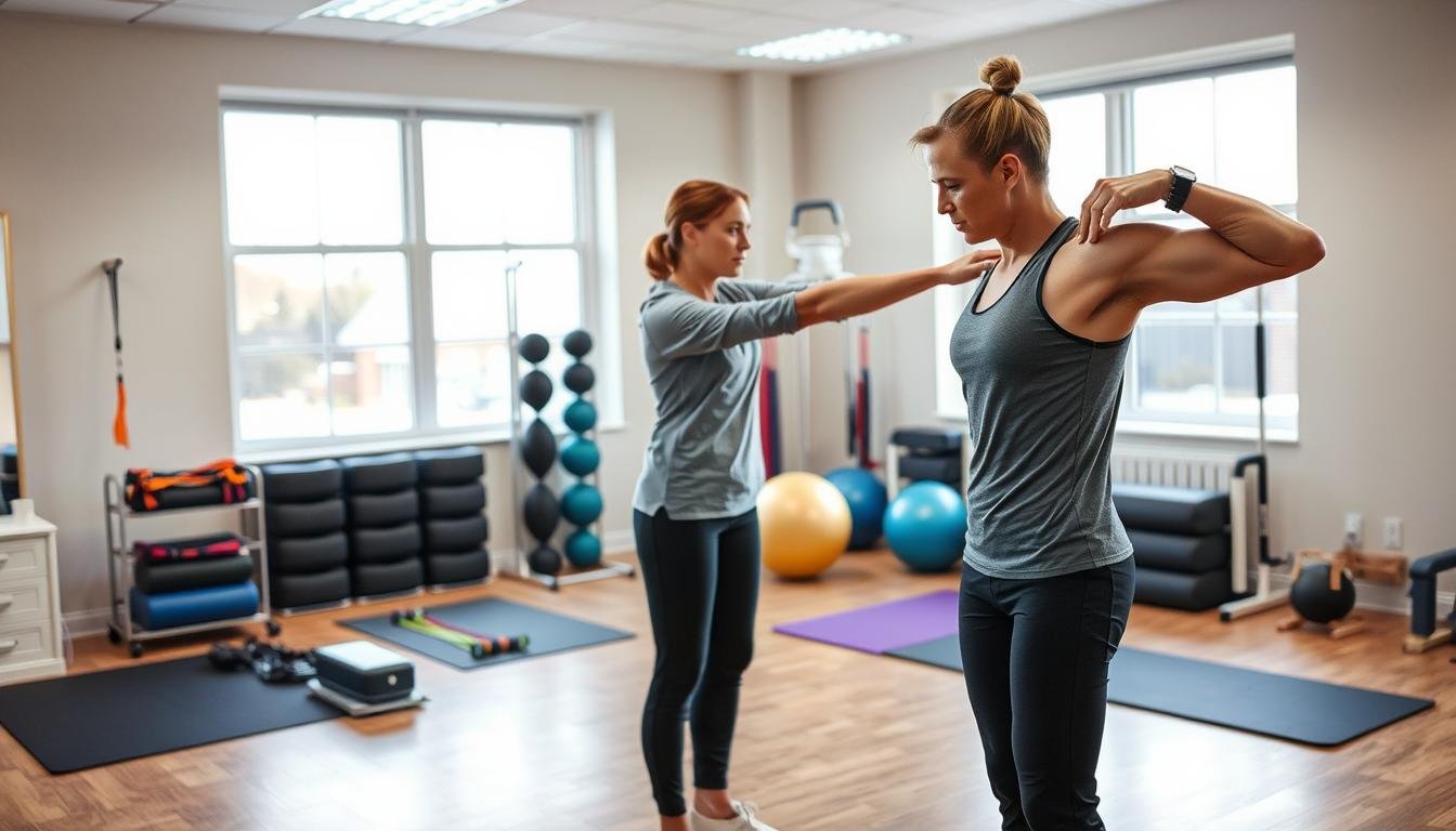 A well-lit physical therapy room featuring a focused therapist guiding a patient through rehabilitation exercises targeting chronic shoulder pain. In the foreground, the therapist, dressed in professional athletic wear, demonstrates a shoulder stretching technique, emphasizing correct posture. The patient, wearing modest casual clothing, follows the instructions with a determined expression. In the middle, various rehabilitation equipment like resistance bands, exercise balls, and mats are neatly organized, highlighting a structured environment for progressive recovery. The background features large windows allowing natural light to flood the space, creating a warm and inviting atmosphere. The overall mood is supportive and encouraging, conveying the importance of gradual and professional exercise rehabilitation in alleviating chronic shoulder disorders.