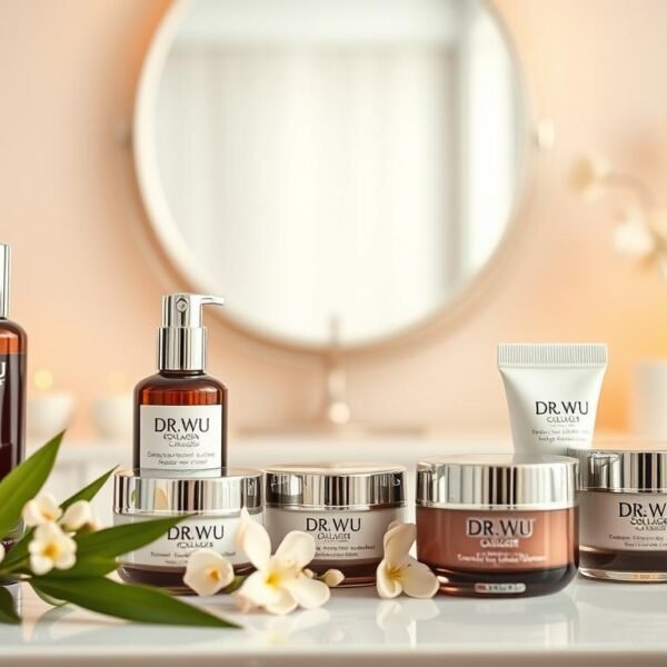 A beautifully arranged display of DR.WU collagen products set against a softly lit, elegant vanity backdrop. In the foreground, include a selection of the collagen bottles and creams, artfully placed alongside delicate green leaves and subtle, soft-colored flowers that evoke a sense of vitality and rejuvenation. The middle ground should feature a stylish, minimalistic mirror reflecting the products, enhancing the luxurious feel. The background is slightly blurred, showcasing a serene and calming environment with neutral, soothing tones. Use warm, inviting lighting to create an atmosphere that conveys freshness and wellness, highlighting the complexion benefits of collagen. The overall scene should evoke a sense of luxury, health, and beauty, aimed at individuals seeking to maintain skin vitality amid high-stress lifestyles.