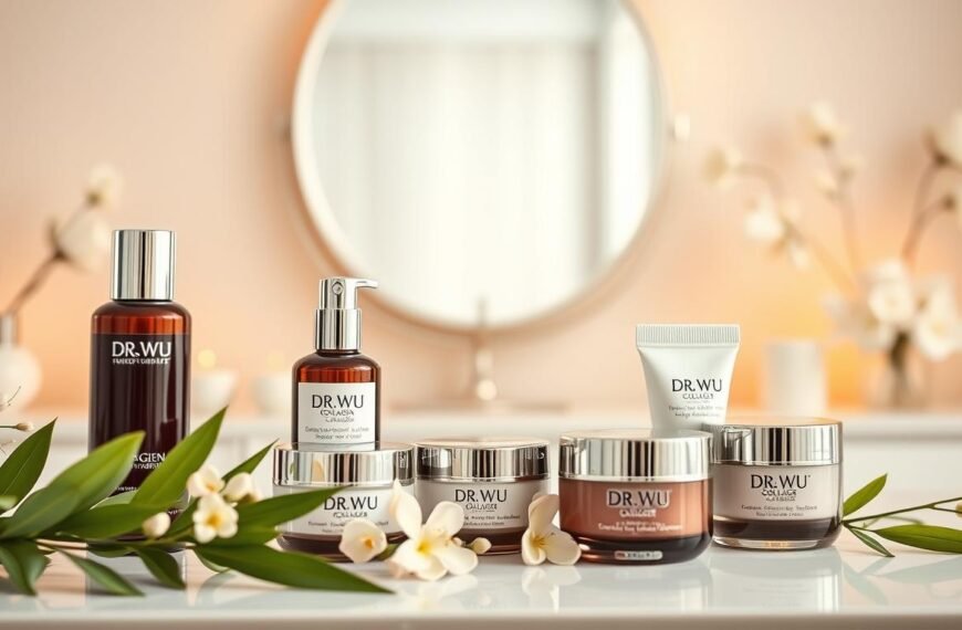 A beautifully arranged display of DR.WU collagen products set against a softly lit, elegant vanity backdrop. In the foreground, include a selection of the collagen bottles and creams, artfully placed alongside delicate green leaves and subtle, soft-colored flowers that evoke a sense of vitality and rejuvenation. The middle ground should feature a stylish, minimalistic mirror reflecting the products, enhancing the luxurious feel. The background is slightly blurred, showcasing a serene and calming environment with neutral, soothing tones. Use warm, inviting lighting to create an atmosphere that conveys freshness and wellness, highlighting the complexion benefits of collagen. The overall scene should evoke a sense of luxury, health, and beauty, aimed at individuals seeking to maintain skin vitality amid high-stress lifestyles.