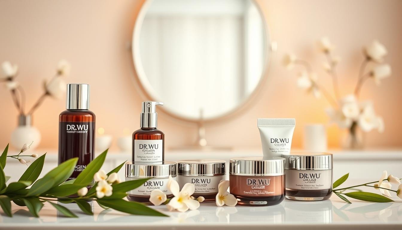 A beautifully arranged display of DR.WU collagen products set against a softly lit, elegant vanity backdrop. In the foreground, include a selection of the collagen bottles and creams, artfully placed alongside delicate green leaves and subtle, soft-colored flowers that evoke a sense of vitality and rejuvenation. The middle ground should feature a stylish, minimalistic mirror reflecting the products, enhancing the luxurious feel. The background is slightly blurred, showcasing a serene and calming environment with neutral, soothing tones. Use warm, inviting lighting to create an atmosphere that conveys freshness and wellness, highlighting the complexion benefits of collagen. The overall scene should evoke a sense of luxury, health, and beauty, aimed at individuals seeking to maintain skin vitality amid high-stress lifestyles.