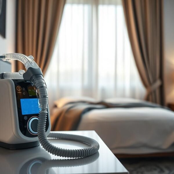 A modern CPAP machine prominently displayed on a sleek bedside table. In the foreground, a clear and well-lit image of the CPAP device showcases its innovative design, with visible hoses that connect to a comfortable mask. In the middle ground, a peaceful bedroom scene features soft, ambient lighting creating a serene atmosphere, with a neatly made bed and calming decor that emphasizes relaxation and health. The background includes dimmed, elegant curtains filtering gentle light, accentuating the tranquil environment. Capture a sense of calmness and the importance of quality sleep, with an overall focus on health and wellness. Use a soft focus effect to enhance the soothing mood of the space, ensuring the image appears professional and inviting, suitable for an informative article on sleep quality improvements.