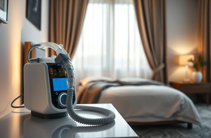 A modern CPAP machine prominently displayed on a sleek bedside table. In the foreground, a clear and well-lit image of the CPAP device showcases its innovative design, with visible hoses that connect to a comfortable mask. In the middle ground, a peaceful bedroom scene features soft, ambient lighting creating a serene atmosphere, with a neatly made bed and calming decor that emphasizes relaxation and health. The background includes dimmed, elegant curtains filtering gentle light, accentuating the tranquil environment. Capture a sense of calmness and the importance of quality sleep, with an overall focus on health and wellness. Use a soft focus effect to enhance the soothing mood of the space, ensuring the image appears professional and inviting, suitable for an informative article on sleep quality improvements.