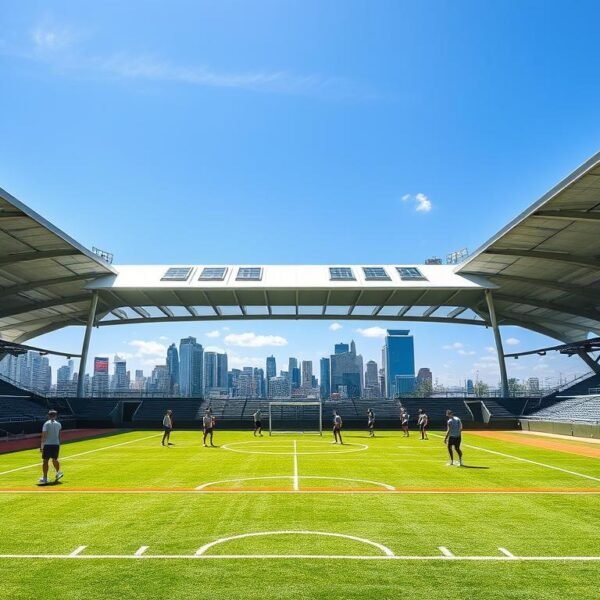 A modern sports facility showcasing a flat roofing system with sleek, metallic roofing sheets glimmering under bright daylight. In the foreground, a well-maintained synthetic playing field stands vibrant in green, bordered by professional athletes in modest athletic attire engaging in training drills. In the middle ground, the flat roof structure is prominently displayed, featuring integrated skylights that allow natural light to flood the interior spaces. The background features the silhouette of a cityscape under a clear blue sky, enhancing the contemporary design. The overall atmosphere is dynamic and energetic, emphasizing the functionality and aesthetic appeal of flat roofing sheets in a sports setting. The scene is captured with a wide-angle lens, enhancing the depth and architectural details of the facility.
