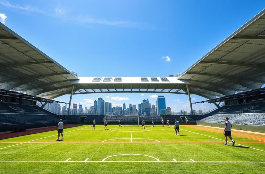 A modern sports facility showcasing a flat roofing system with sleek, metallic roofing sheets glimmering under bright daylight. In the foreground, a well-maintained synthetic playing field stands vibrant in green, bordered by professional athletes in modest athletic attire engaging in training drills. In the middle ground, the flat roof structure is prominently displayed, featuring integrated skylights that allow natural light to flood the interior spaces. The background features the silhouette of a cityscape under a clear blue sky, enhancing the contemporary design. The overall atmosphere is dynamic and energetic, emphasizing the functionality and aesthetic appeal of flat roofing sheets in a sports setting. The scene is captured with a wide-angle lens, enhancing the depth and architectural details of the facility.