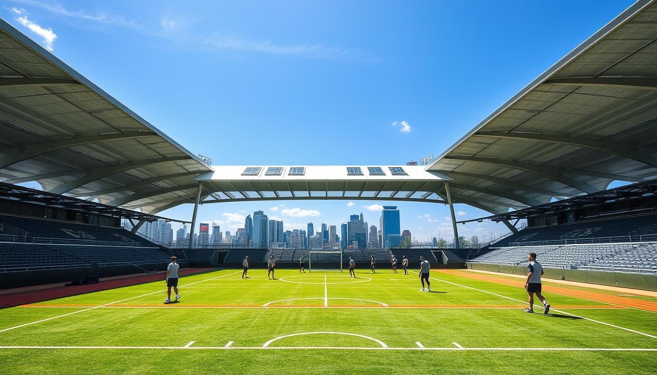 A modern sports facility showcasing a flat roofing system with sleek, metallic roofing sheets glimmering under bright daylight. In the foreground, a well-maintained synthetic playing field stands vibrant in green, bordered by professional athletes in modest athletic attire engaging in training drills. In the middle ground, the flat roof structure is prominently displayed, featuring integrated skylights that allow natural light to flood the interior spaces. The background features the silhouette of a cityscape under a clear blue sky, enhancing the contemporary design. The overall atmosphere is dynamic and energetic, emphasizing the functionality and aesthetic appeal of flat roofing sheets in a sports setting. The scene is captured with a wide-angle lens, enhancing the depth and architectural details of the facility.