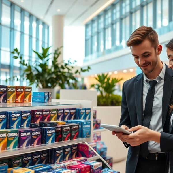 A well-organized display of various condom brands and types in a brightly lit, modern shopping mall setting. In the foreground, a professional-looking young couple, dressed in business attire, examines a selection of condoms on a clean, polished display shelf. The middle of the image features a well-stocked, organized display with clear packaging showcasing different brands, emphasizing safety and quality. In the background, the mall's architecture showcases large glass windows allowing natural light to flood in, giving a welcoming atmosphere. Soft, ambient lighting highlights the product details, while a hint of greenery from potted plants adds a touch of freshness. The overall mood is informative and reassuring, conveying a commitment to safety and informed choices in purchasing.