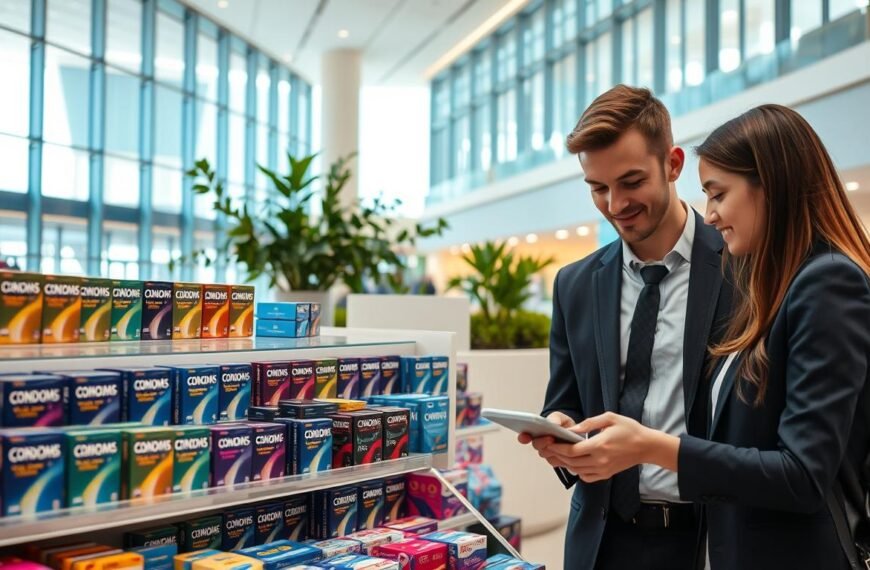 A well-organized display of various condom brands and types in a brightly lit, modern shopping mall setting. In the foreground, a professional-looking young couple, dressed in business attire, examines a selection of condoms on a clean, polished display shelf. The middle of the image features a well-stocked, organized display with clear packaging showcasing different brands, emphasizing safety and quality. In the background, the mall's architecture showcases large glass windows allowing natural light to flood in, giving a welcoming atmosphere. Soft, ambient lighting highlights the product details, while a hint of greenery from potted plants adds a touch of freshness. The overall mood is informative and reassuring, conveying a commitment to safety and informed choices in purchasing.