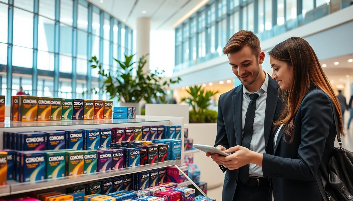 A well-organized display of various condom brands and types in a brightly lit, modern shopping mall setting. In the foreground, a professional-looking young couple, dressed in business attire, examines a selection of condoms on a clean, polished display shelf. The middle of the image features a well-stocked, organized display with clear packaging showcasing different brands, emphasizing safety and quality. In the background, the mall's architecture showcases large glass windows allowing natural light to flood in, giving a welcoming atmosphere. Soft, ambient lighting highlights the product details, while a hint of greenery from potted plants adds a touch of freshness. The overall mood is informative and reassuring, conveying a commitment to safety and informed choices in purchasing.