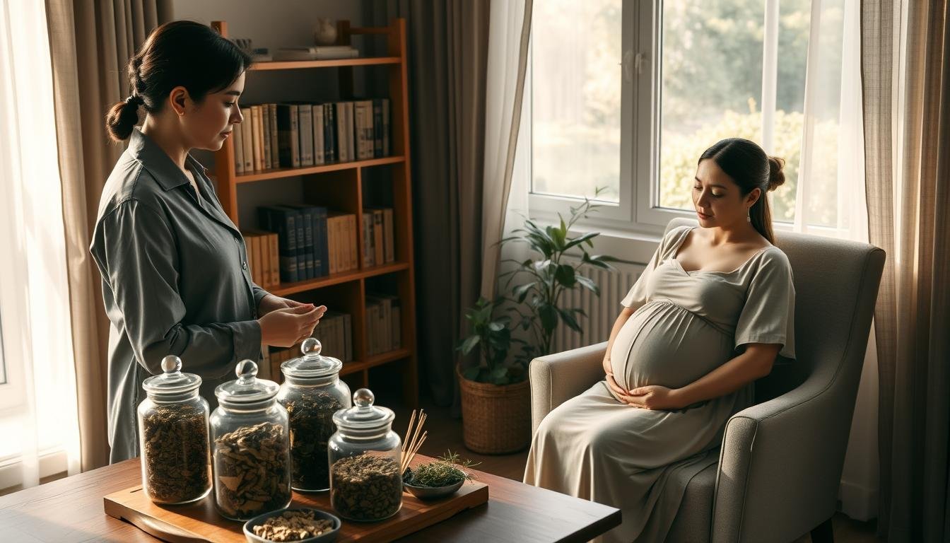 A serene and inviting indoor setting where a professional female practitioner provides traditional Chinese medicine advice to a pregnant woman. In the foreground, the practitioner, dressed in a modest, professional outfit, stands beside a table covered with herbal remedies and acupuncture tools, showing intricate jars filled with herbs. The pregnant woman, comfortably seated in a soft chair, wears a simple yet elegant dress, appearing attentive and engaged. In the middle ground, there’s a bookshelf filled with traditional Chinese medicine texts and a small potted plant, adding natural elements to the scene. The soft lighting creates a warm and calming atmosphere, casting gentle shadows. The background shows a tranquil window with curtains, hinting at a peaceful garden outside, conveying a sense of wellness and nurturing.