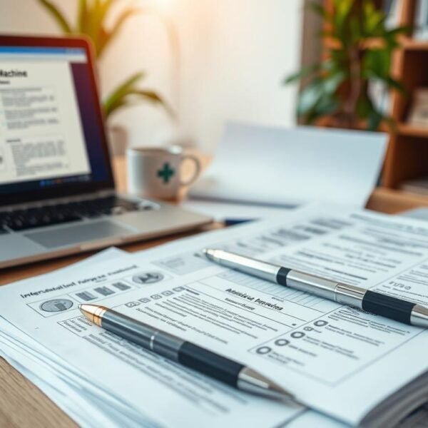 A neatly arranged workspace featuring important documents for applying for a sleep apnea machine and its international warranty services. In the foreground, a stack of organized paperwork, including forms with detailed diagrams and checklists, is displayed. Mid-ground contains a closed laptop with an open digital form on the screen, alongside a professional pen and a coffee cup, suggesting a focused work atmosphere. The background shows a softly lit office environment with a plant and a shelf of medical reference books, creating a calm and informative mood. The lighting is warm, with a slight glare reflecting off the documents to enhance clarity, taken from a slight angle to capture the depth of the scene.