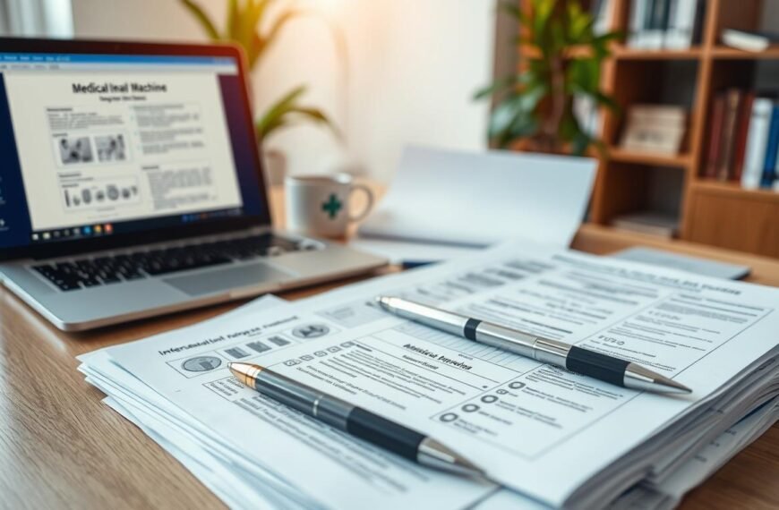 A neatly arranged workspace featuring important documents for applying for a sleep apnea machine and its international warranty services. In the foreground, a stack of organized paperwork, including forms with detailed diagrams and checklists, is displayed. Mid-ground contains a closed laptop with an open digital form on the screen, alongside a professional pen and a coffee cup, suggesting a focused work atmosphere. The background shows a softly lit office environment with a plant and a shelf of medical reference books, creating a calm and informative mood. The lighting is warm, with a slight glare reflecting off the documents to enhance clarity, taken from a slight angle to capture the depth of the scene.