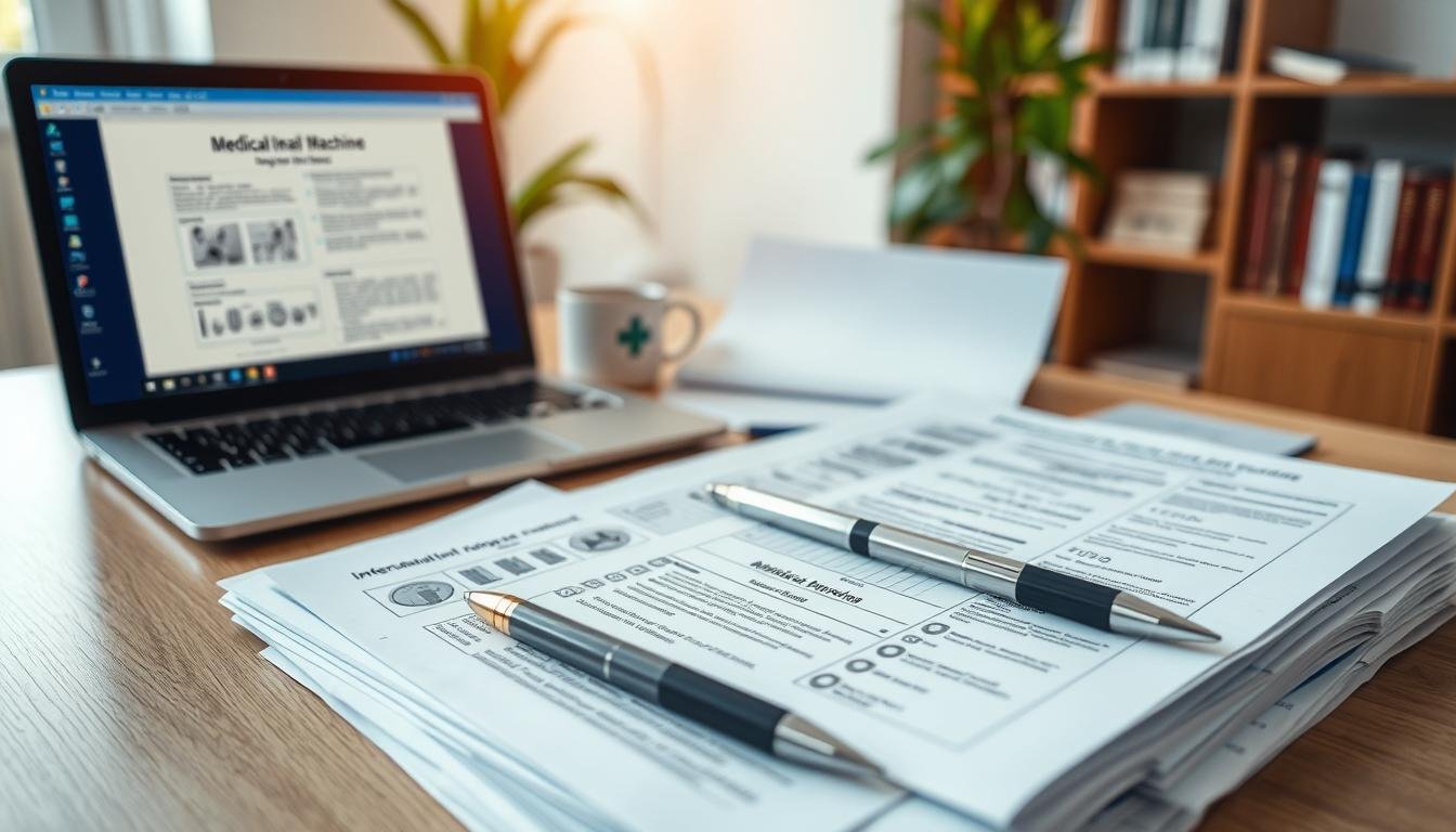A neatly arranged workspace featuring important documents for applying for a sleep apnea machine and its international warranty services. In the foreground, a stack of organized paperwork, including forms with detailed diagrams and checklists, is displayed. Mid-ground contains a closed laptop with an open digital form on the screen, alongside a professional pen and a coffee cup, suggesting a focused work atmosphere. The background shows a softly lit office environment with a plant and a shelf of medical reference books, creating a calm and informative mood. The lighting is warm, with a slight glare reflecting off the documents to enhance clarity, taken from a slight angle to capture the depth of the scene.