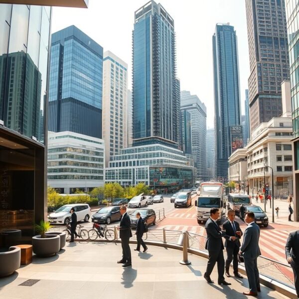 A panoramic view of Wanchai, Hong Kong, showcasing modern office buildings available for rent, with a focus on competition in rental prices. In the foreground, a contemporary office lobby with sleek glass doors and stylish seating areas, conveying luxury and professionalism. The middle ground features bustling streets with business professionals in formal attire engaging in discussions, emphasizing the vibrant commercial atmosphere. In the background, iconic Wanchai skyscrapers with digital screens displaying rental prices and availability, hinting at the competitive market. The scene is bathed in warm afternoon sunlight, creating a welcoming yet dynamic mood, with a sharp lens perspective to highlight the vibrant urban landscape.