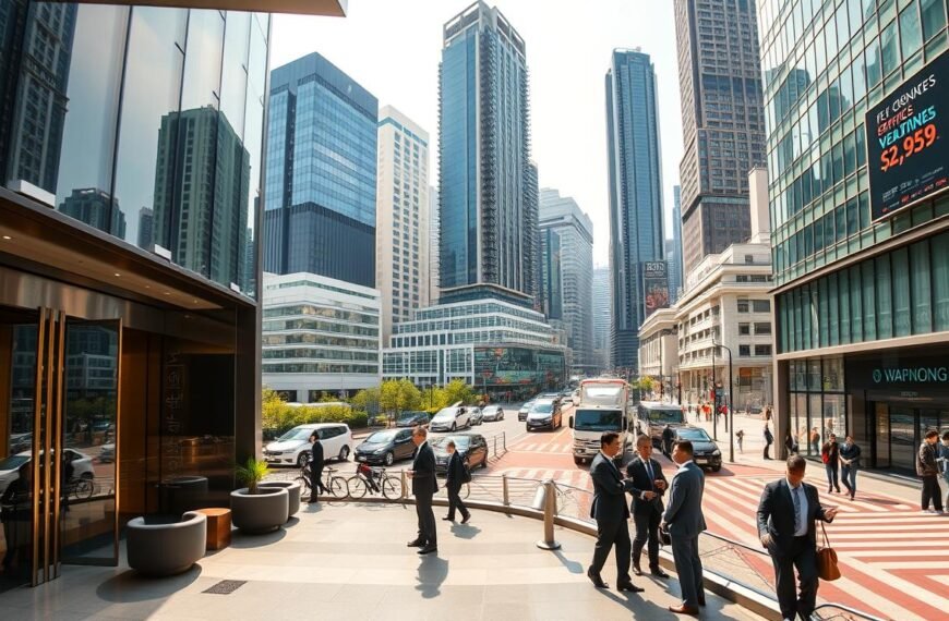 A panoramic view of Wanchai, Hong Kong, showcasing modern office buildings available for rent, with a focus on competition in rental prices. In the foreground, a contemporary office lobby with sleek glass doors and stylish seating areas, conveying luxury and professionalism. The middle ground features bustling streets with business professionals in formal attire engaging in discussions, emphasizing the vibrant commercial atmosphere. In the background, iconic Wanchai skyscrapers with digital screens displaying rental prices and availability, hinting at the competitive market. The scene is bathed in warm afternoon sunlight, creating a welcoming yet dynamic mood, with a sharp lens perspective to highlight the vibrant urban landscape.
