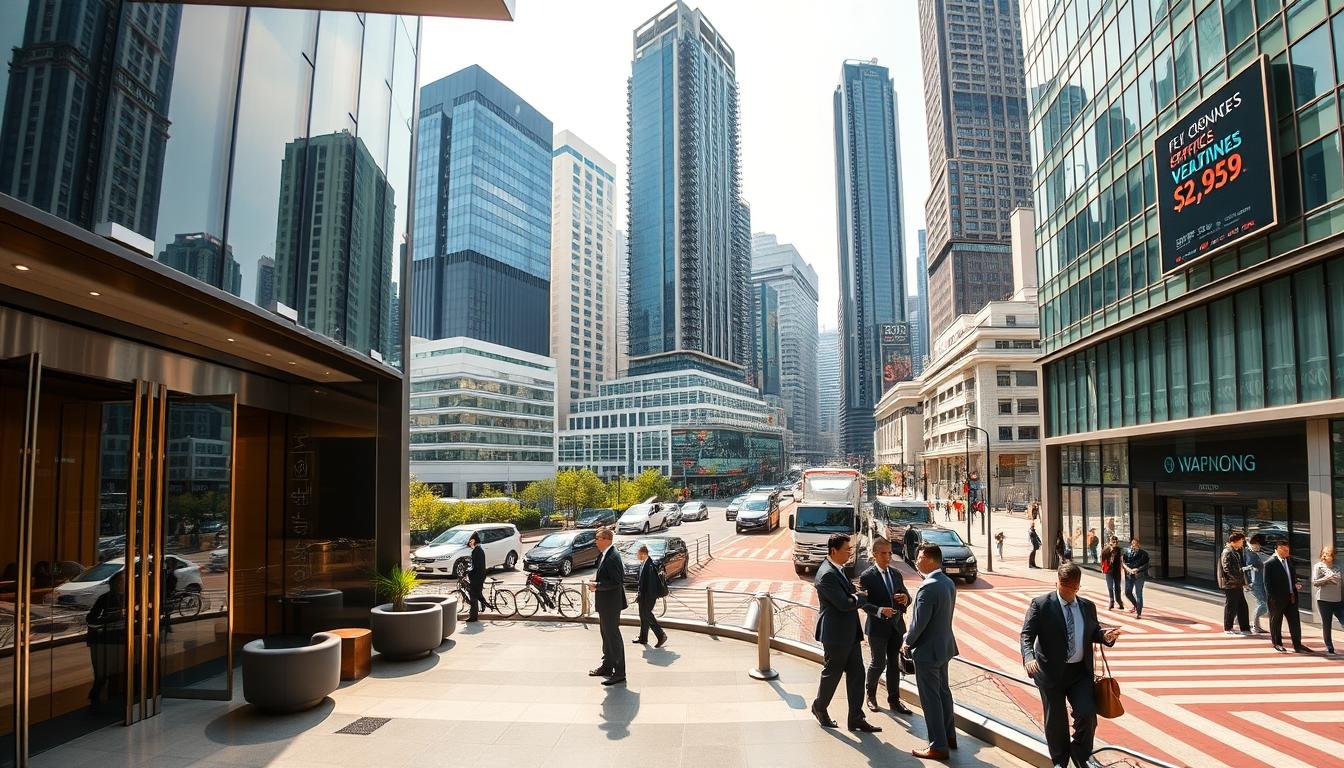 A panoramic view of Wanchai, Hong Kong, showcasing modern office buildings available for rent, with a focus on competition in rental prices. In the foreground, a contemporary office lobby with sleek glass doors and stylish seating areas, conveying luxury and professionalism. The middle ground features bustling streets with business professionals in formal attire engaging in discussions, emphasizing the vibrant commercial atmosphere. In the background, iconic Wanchai skyscrapers with digital screens displaying rental prices and availability, hinting at the competitive market. The scene is bathed in warm afternoon sunlight, creating a welcoming yet dynamic mood, with a sharp lens perspective to highlight the vibrant urban landscape.