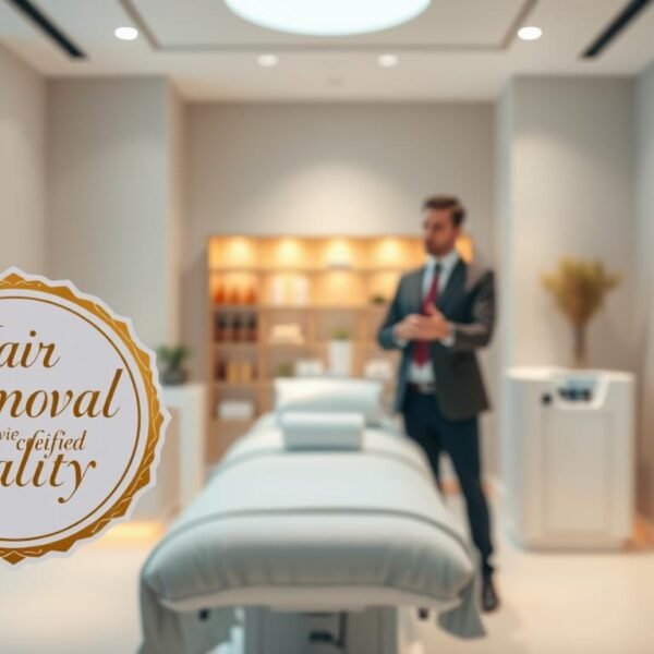 A professional and serene spa environment showcasing a "Hair Removal Service Quality Certification" symbol prominently displayed in the foreground. The certification has an elegant design, featuring a gold seal and the words 'Certified Quality' in an artistic font. In the middle, a clinical yet warm atmosphere is emphasized with a modern treatment room, including a sleek treatment bed and essential equipment. Soft, natural lighting illuminates the space, creating a calming ambiance. In the background, a well-dressed consultant in professional attire discusses various service guarantees with a client, emphasizing trust and expertise. The mood reflects assurance and professionalism, suitable for prospective clients considering hair removal services.
