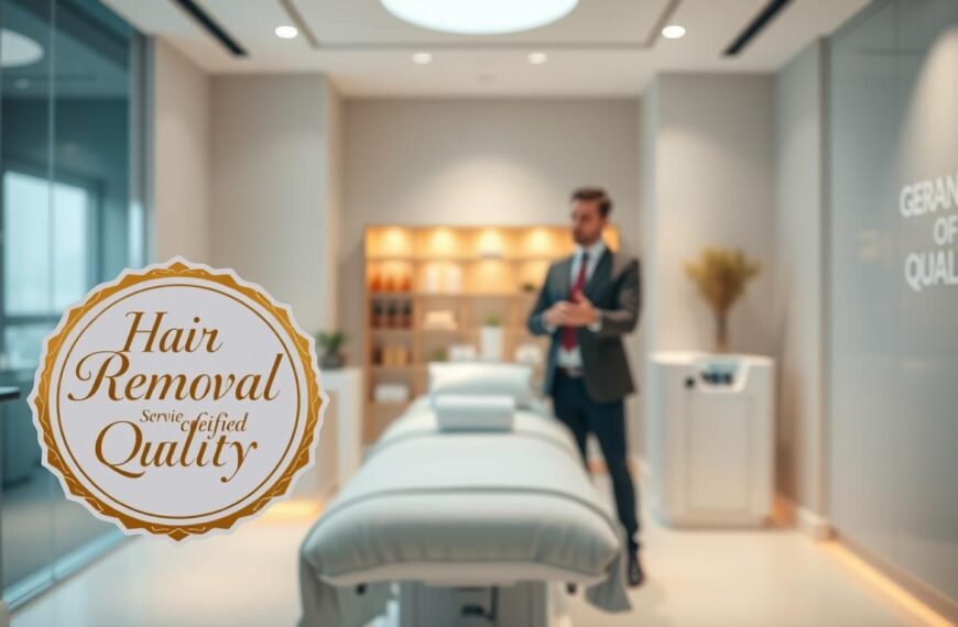 A professional and serene spa environment showcasing a "Hair Removal Service Quality Certification" symbol prominently displayed in the foreground. The certification has an elegant design, featuring a gold seal and the words 'Certified Quality' in an artistic font. In the middle, a clinical yet warm atmosphere is emphasized with a modern treatment room, including a sleek treatment bed and essential equipment. Soft, natural lighting illuminates the space, creating a calming ambiance. In the background, a well-dressed consultant in professional attire discusses various service guarantees with a client, emphasizing trust and expertise. The mood reflects assurance and professionalism, suitable for prospective clients considering hair removal services.