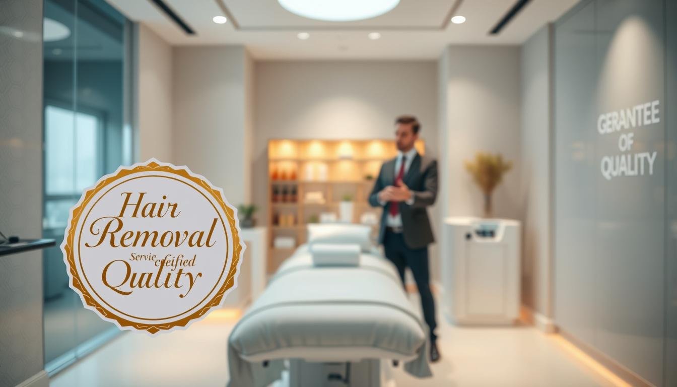 A professional and serene spa environment showcasing a "Hair Removal Service Quality Certification" symbol prominently displayed in the foreground. The certification has an elegant design, featuring a gold seal and the words 'Certified Quality' in an artistic font. In the middle, a clinical yet warm atmosphere is emphasized with a modern treatment room, including a sleek treatment bed and essential equipment. Soft, natural lighting illuminates the space, creating a calming ambiance. In the background, a well-dressed consultant in professional attire discusses various service guarantees with a client, emphasizing trust and expertise. The mood reflects assurance and professionalism, suitable for prospective clients considering hair removal services.