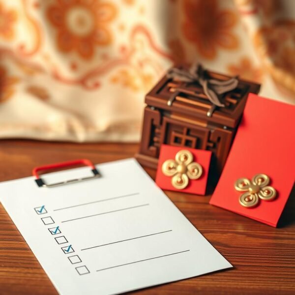 An elegant flat lay composition showcasing a checklist for traditional red envelope amounts, set on a richly textured wooden surface. In the foreground, there should be a neatly organized checklist with bullet points and colorful markers indicating amounts. The middle ground features a beautifully crafted wooden gift box, symbolizing the tradition, surrounded by a few red envelopes decorated with gold accents. The background softly blurs with an ornate fabric, enhancing the cultural richness. The scene is warmly lit, creating an inviting atmosphere, with a slight depth of field effect that keeps the focus on the checklist and red envelopes. The overall mood conveys a sense of tradition, thoughtful preparation, and respect for cultural rituals pertaining to gifting during celebrations.