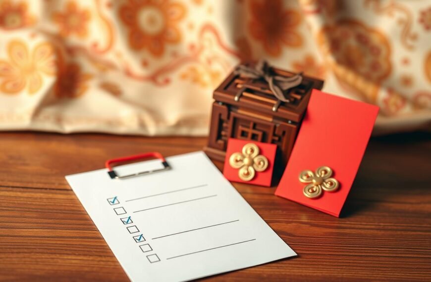 An elegant flat lay composition showcasing a checklist for traditional red envelope amounts, set on a richly textured wooden surface. In the foreground, there should be a neatly organized checklist with bullet points and colorful markers indicating amounts. The middle ground features a beautifully crafted wooden gift box, symbolizing the tradition, surrounded by a few red envelopes decorated with gold accents. The background softly blurs with an ornate fabric, enhancing the cultural richness. The scene is warmly lit, creating an inviting atmosphere, with a slight depth of field effect that keeps the focus on the checklist and red envelopes. The overall mood conveys a sense of tradition, thoughtful preparation, and respect for cultural rituals pertaining to gifting during celebrations.