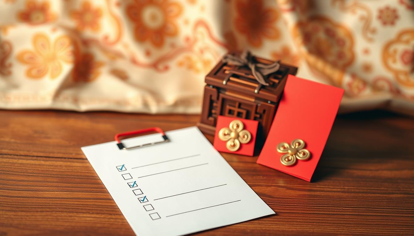 An elegant flat lay composition showcasing a checklist for traditional red envelope amounts, set on a richly textured wooden surface. In the foreground, there should be a neatly organized checklist with bullet points and colorful markers indicating amounts. The middle ground features a beautifully crafted wooden gift box, symbolizing the tradition, surrounded by a few red envelopes decorated with gold accents. The background softly blurs with an ornate fabric, enhancing the cultural richness. The scene is warmly lit, creating an inviting atmosphere, with a slight depth of field effect that keeps the focus on the checklist and red envelopes. The overall mood conveys a sense of tradition, thoughtful preparation, and respect for cultural rituals pertaining to gifting during celebrations.
